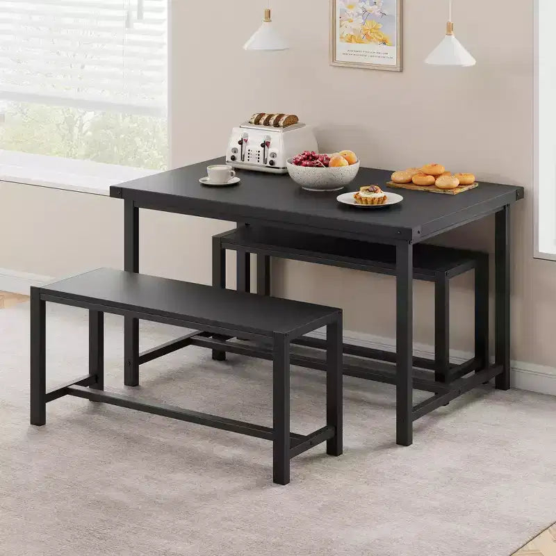 COZONY 3-Piece Dining Table Set for 4, Wood Kitchen Table with 2 Benches, Space-Saving Dinette Furniture for Small Spaces & Apartments