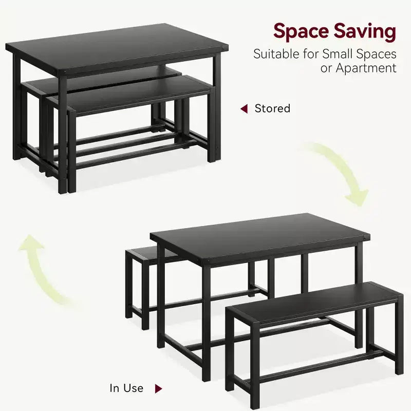 COZONY 3-Piece Dining Table Set for 4, Wood Kitchen Table with 2 Benches, Space-Saving Dinette Furniture for Small Spaces & Apartments