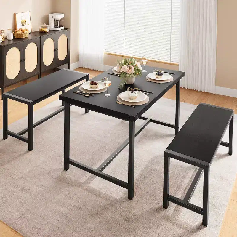 COZONY 3-Piece Dining Table Set for 4, Wood Kitchen Table with 2 Benches, Space-Saving Dinette Furniture for Small Spaces & Apartments