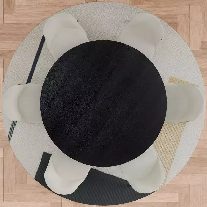 PexFix 52 Modern Round Dining Table Set with 6 Upholstered Chairs Black Textured Wood Top Pleated Pedestal Base Beige Seats for Kitchen Dining Room