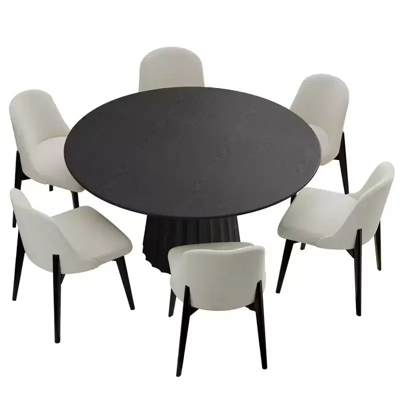 PexFix 52 Modern Round Dining Table Set with 6 Upholstered Chairs Black Textured Wood Top Pleated Pedestal Base Beige Seats for Kitchen Dining Room