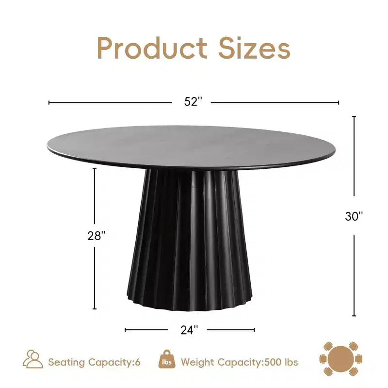 PexFix 52 Modern Round Dining Table Set with 6 Upholstered Chairs Black Textured Wood Top Pleated Pedestal Base Beige Seats for Kitchen Dining Room