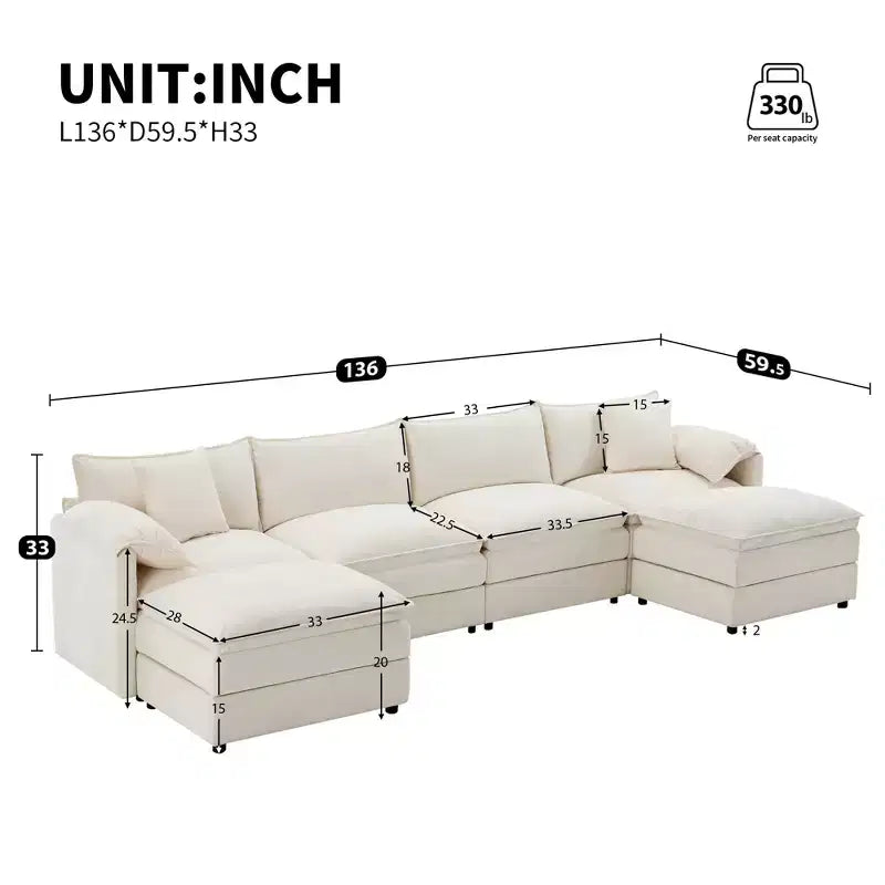 Polibi 6-Piece Chenille U-Shaped Modular Sectional Sofa with Dual Ottomans and Double-Layer Cushions