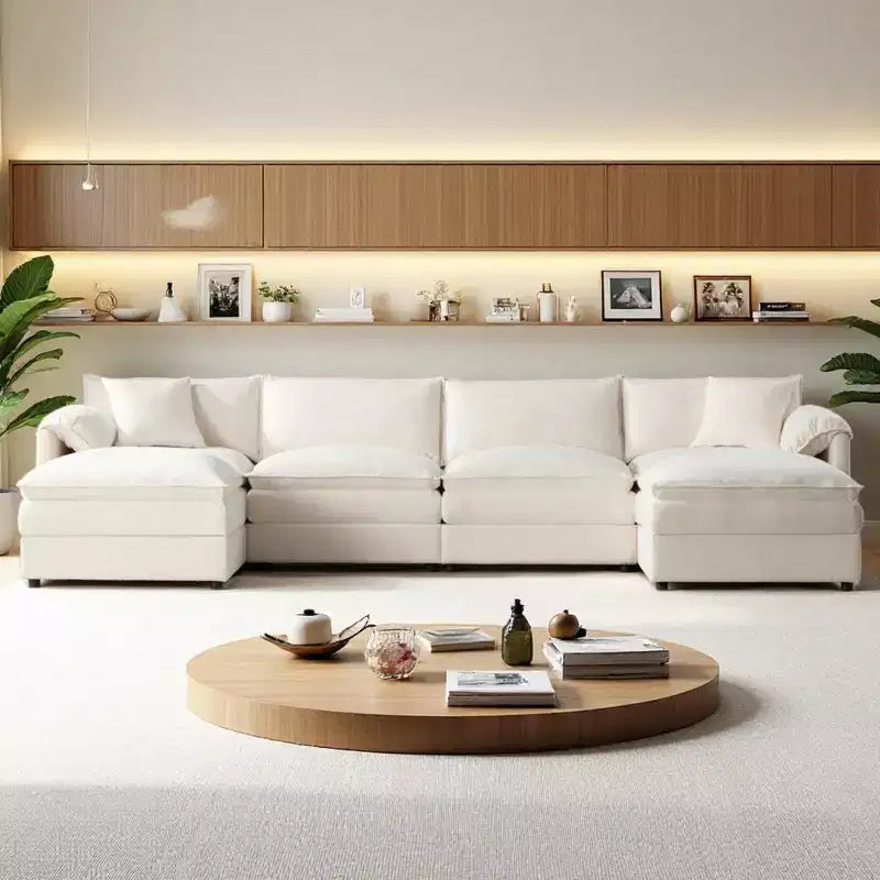 Polibi 6-Piece Chenille U-Shaped Modular Sectional Sofa with Dual Ottomans and Double-Layer Cushions