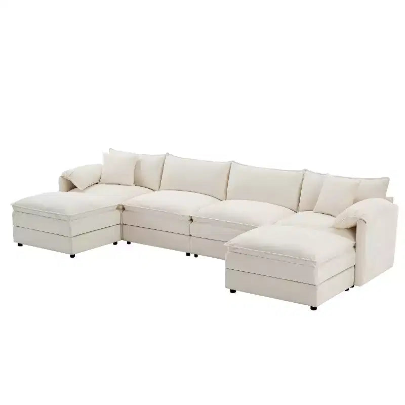 Polibi 6-Piece Chenille U-Shaped Modular Sectional Sofa with Dual Ottomans and Double-Layer Cushions