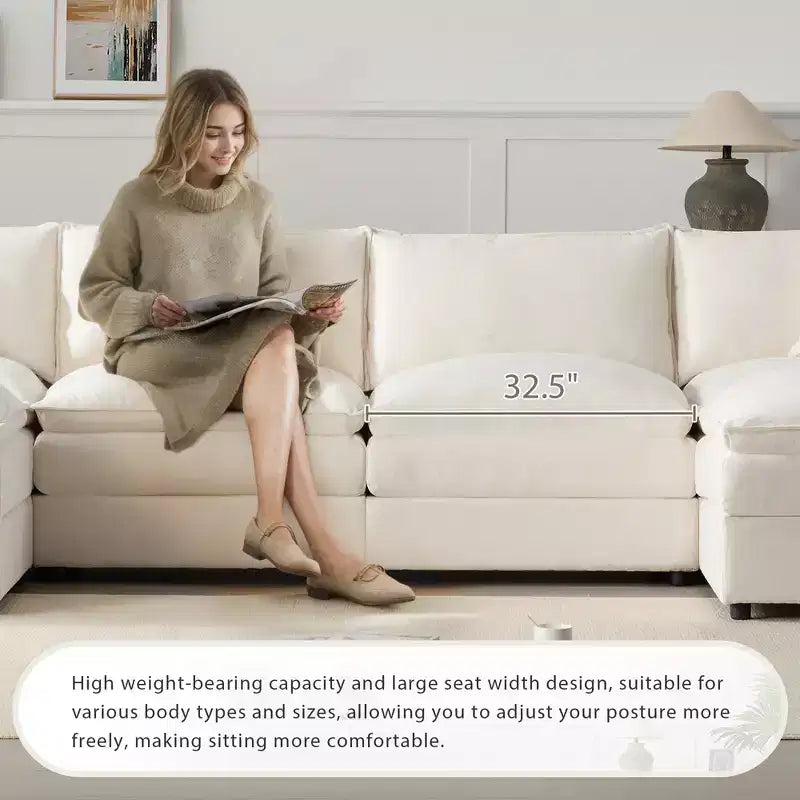 Polibi 6-Piece Chenille U-Shaped Modular Sectional Sofa with Dual Ottomans and Double-Layer Cushions