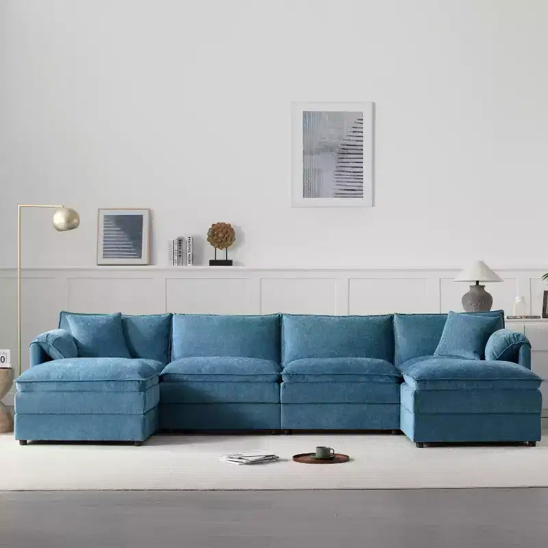 Polibi 6-Piece Chenille U-Shaped Modular Sectional Sofa with Dual Ottomans and Double-Layer Cushions