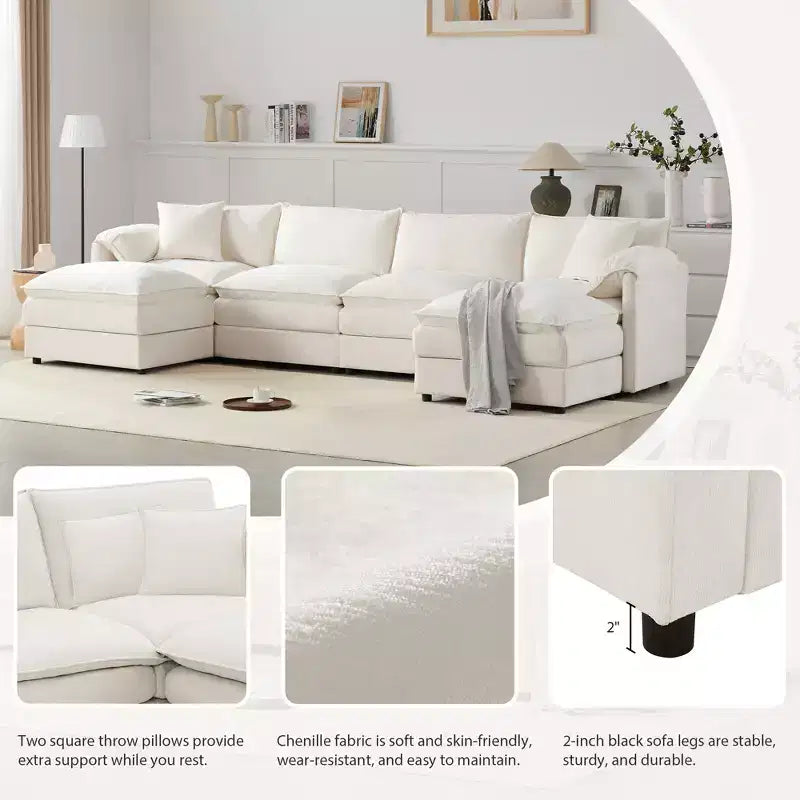 Polibi 6-Piece Chenille U-Shaped Modular Sectional Sofa with Dual Ottomans and Double-Layer Cushions