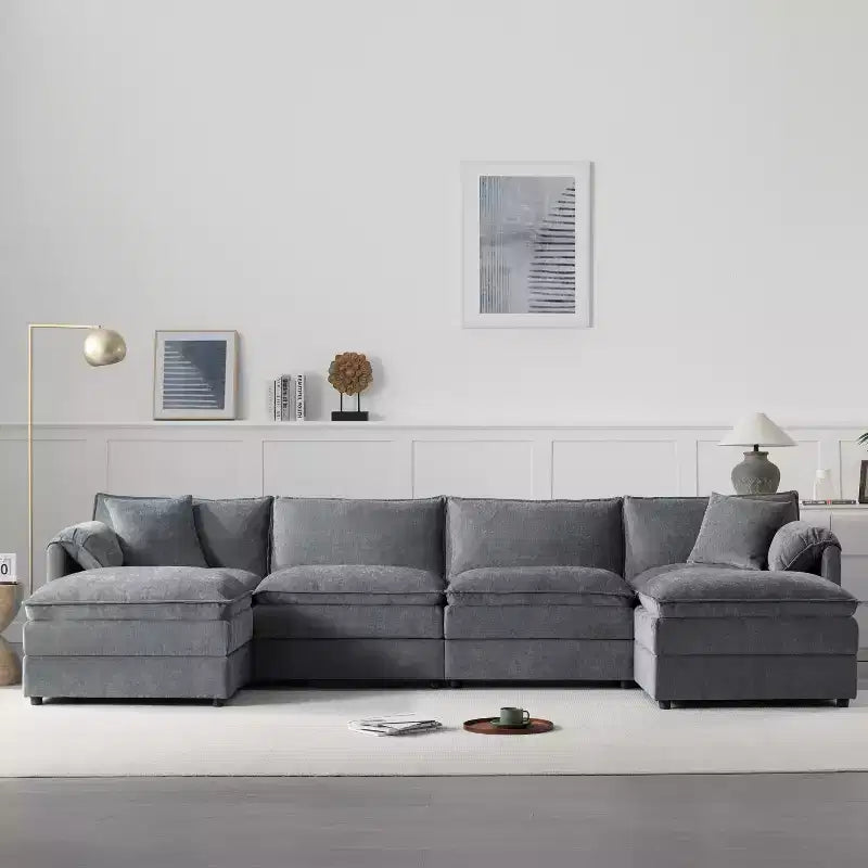 Polibi 6-Piece Chenille U-Shaped Modular Sectional Sofa with Dual Ottomans and Double-Layer Cushions