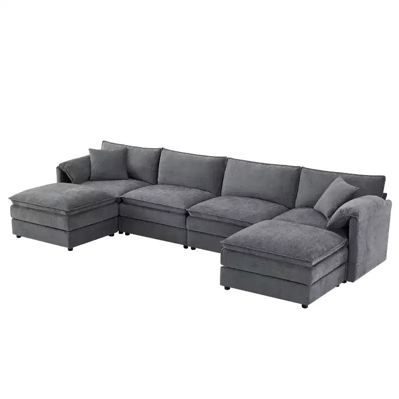 Polibi 6-Piece Chenille U-Shaped Modular Sectional Sofa with Dual Ottomans and Double-Layer Cushions