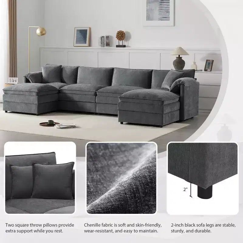 Polibi 6-Piece Chenille U-Shaped Modular Sectional Sofa with Dual Ottomans and Double-Layer Cushions