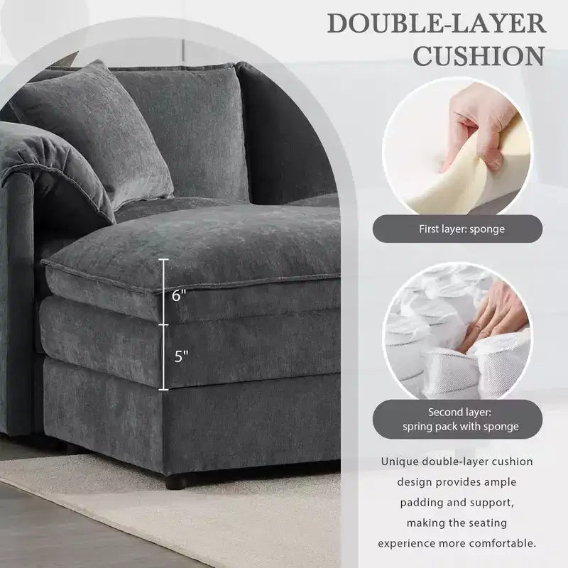Polibi 6-Piece Chenille U-Shaped Modular Sectional Sofa with Dual Ottomans and Double-Layer Cushions