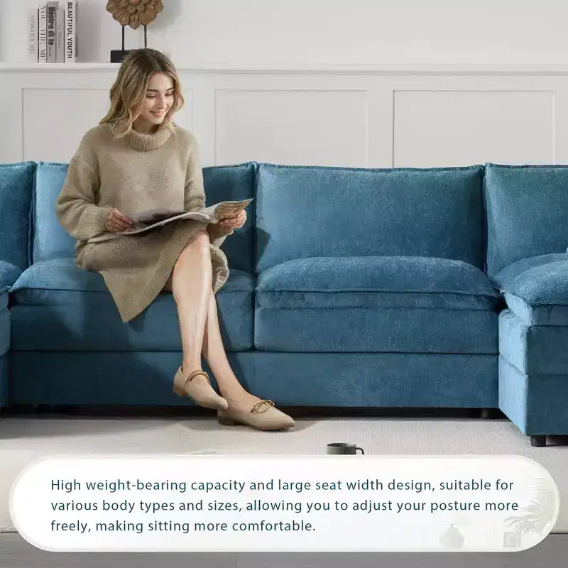 Polibi 6-Piece Chenille U-Shaped Modular Sectional Sofa with Dual Ottomans and Double-Layer Cushions