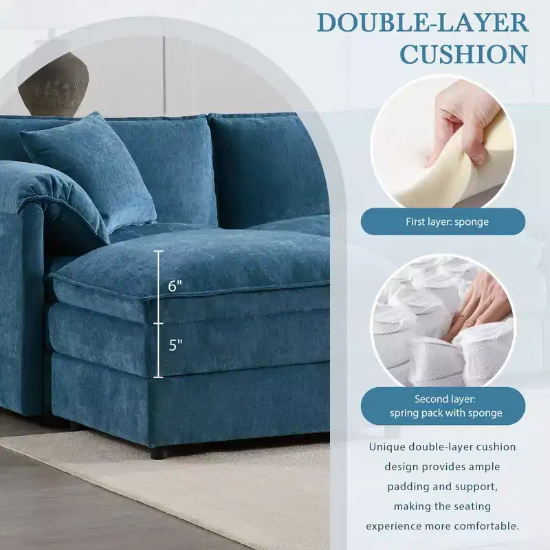 Polibi 6-Piece Chenille U-Shaped Modular Sectional Sofa with Dual Ottomans and Double-Layer Cushions
