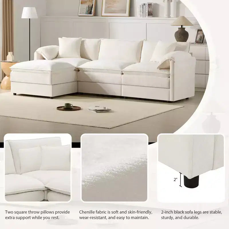 Polibi 4-Piece Chenille U-Shaped Modular Sectional Sofa with Movable Ottoman & Pillow Armrests