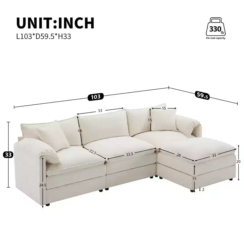 Polibi 4-Piece Chenille U-Shaped Modular Sectional Sofa with Movable Ottoman & Pillow Armrests