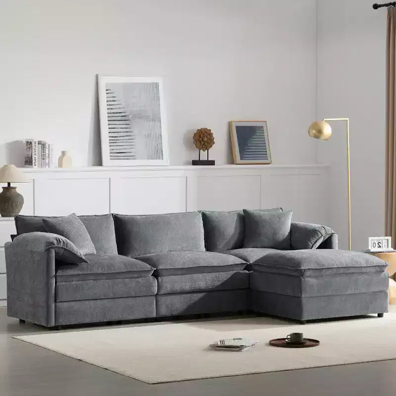 Polibi 4-Piece Chenille U-Shaped Modular Sectional Sofa with Movable Ottoman & Pillow Armrests