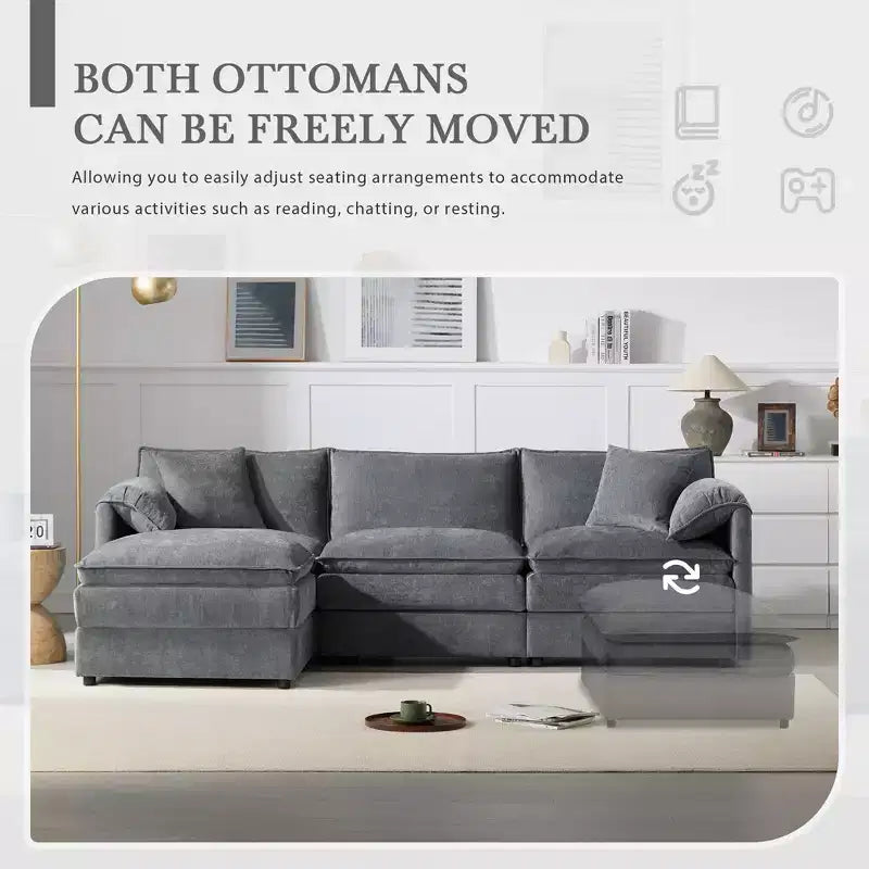 Polibi 4-Piece Chenille U-Shaped Modular Sectional Sofa with Movable Ottoman & Pillow Armrests