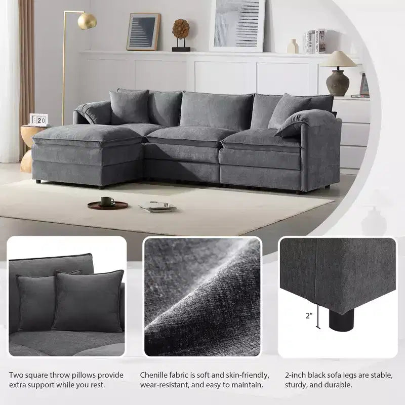 Polibi 4-Piece Chenille U-Shaped Modular Sectional Sofa with Movable Ottoman & Pillow Armrests