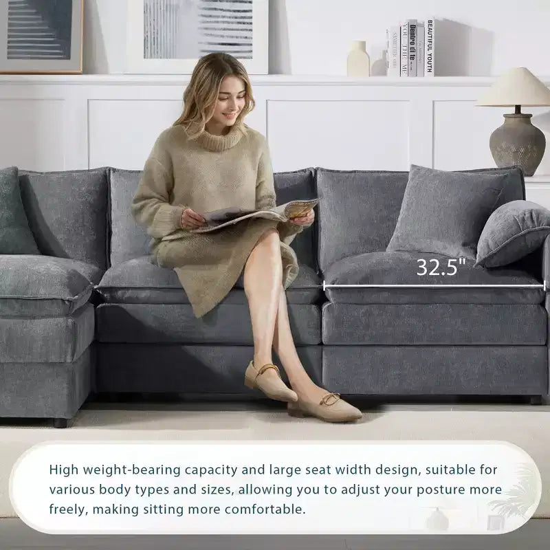 Polibi 4-Piece Chenille U-Shaped Modular Sectional Sofa with Movable Ottoman & Pillow Armrests