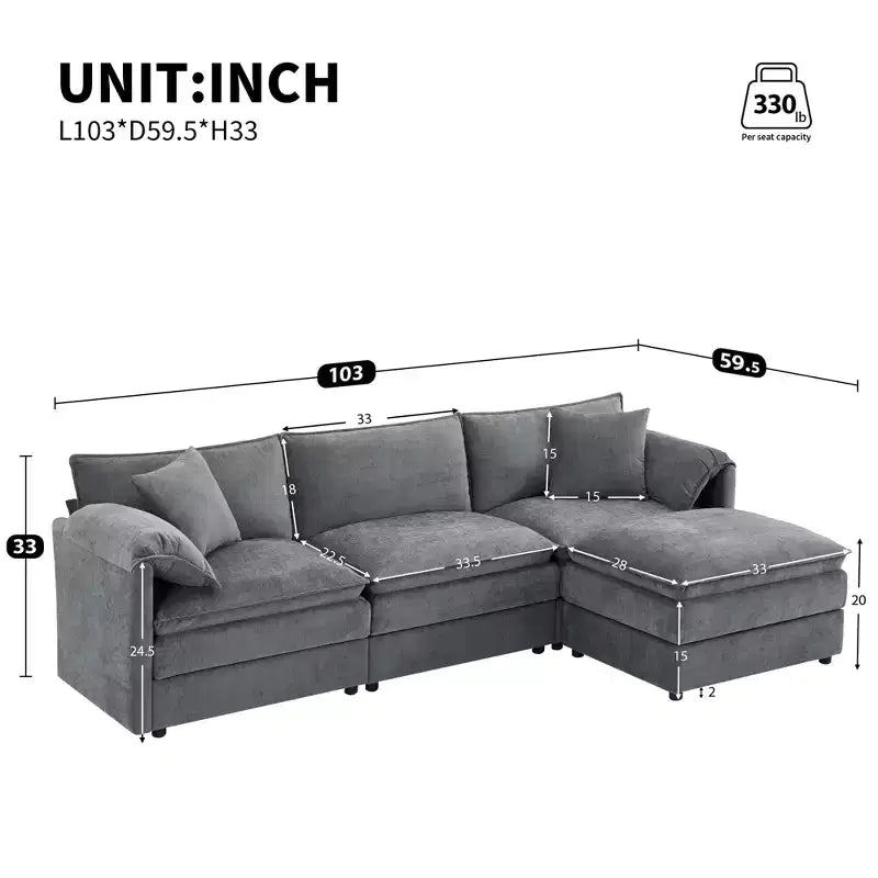 Polibi 4-Piece Chenille U-Shaped Modular Sectional Sofa with Movable Ottoman & Pillow Armrests