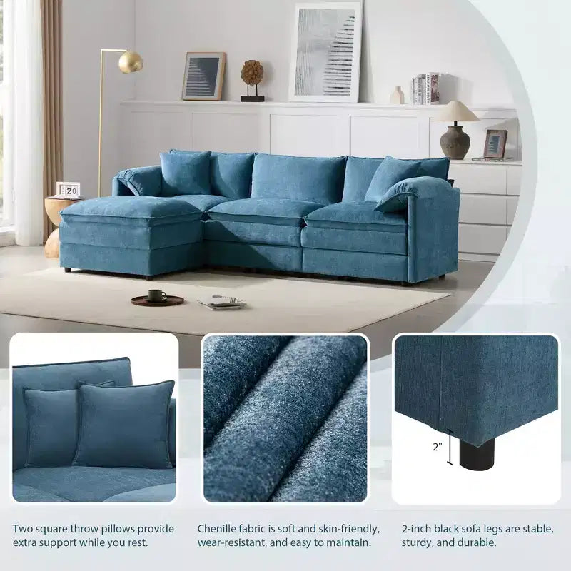 Polibi 4-Piece Chenille U-Shaped Modular Sectional Sofa with Movable Ottoman & Pillow Armrests
