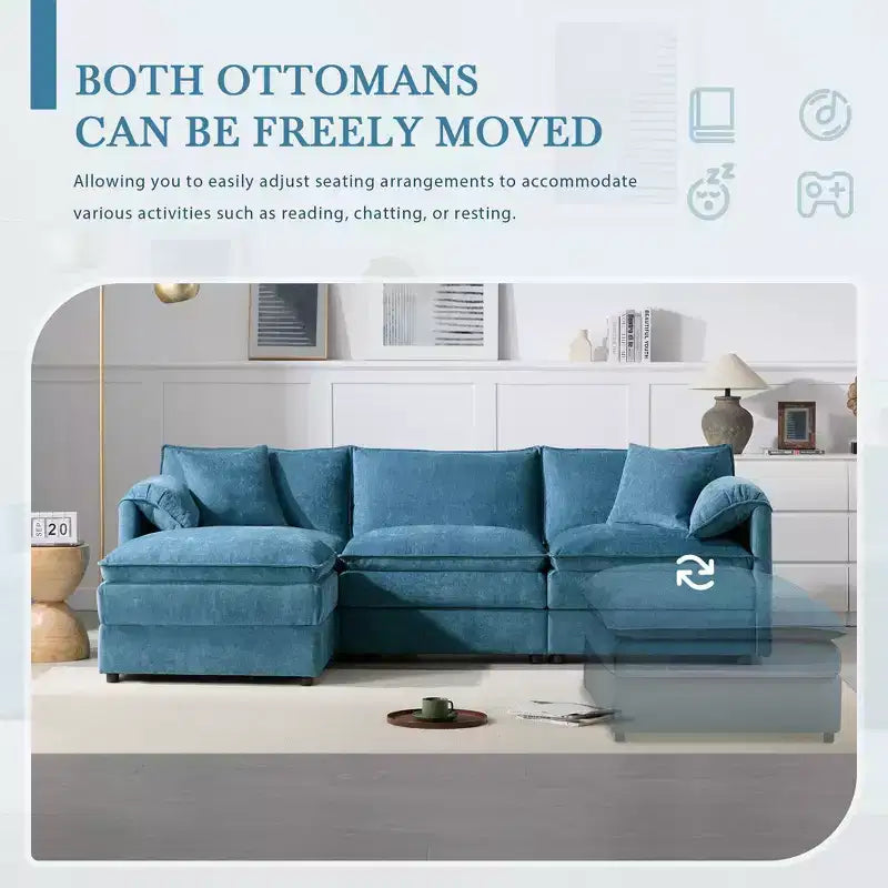 Polibi 4-Piece Chenille U-Shaped Modular Sectional Sofa with Movable Ottoman & Pillow Armrests
