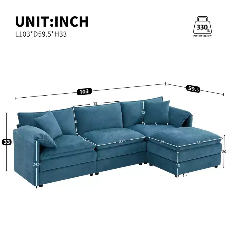 Polibi 4-Piece Chenille U-Shaped Modular Sectional Sofa with Movable Ottoman & Pillow Armrests