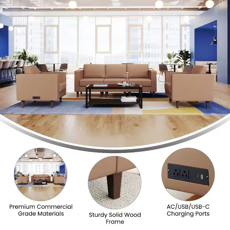 Flash Furniture HERCULES Artemis 3 Piece Upholstered Reception Set, 8 AC Outlets/4 USB/4 USB-C Ports and Wood Walnut Legs with Adjustable Floor Glides