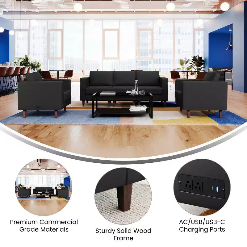 Flash Furniture HERCULES Artemis 3 Piece Upholstered Reception Set, 8 AC Outlets/4 USB/4 USB-C Ports and Wood Walnut Legs with Adjustable Floor Glides