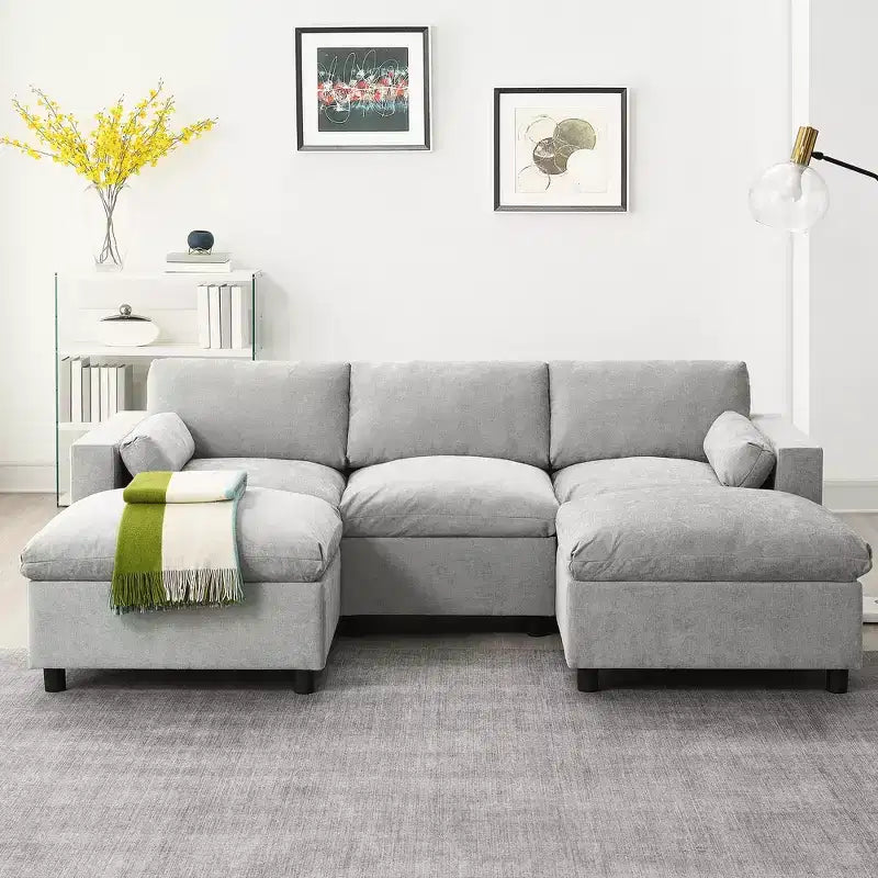 Polibi 5-Seat Modular Chenille Sectional Sofa with Dual Ottomans