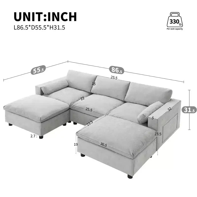 Polibi 5-Seat Modular Chenille Sectional Sofa with Dual Ottomans