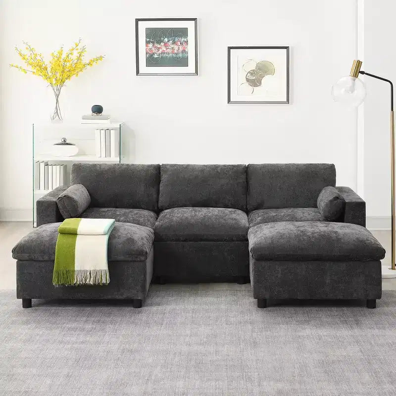 Polibi 5-Seat Modular Chenille Sectional Sofa with Dual Ottomans