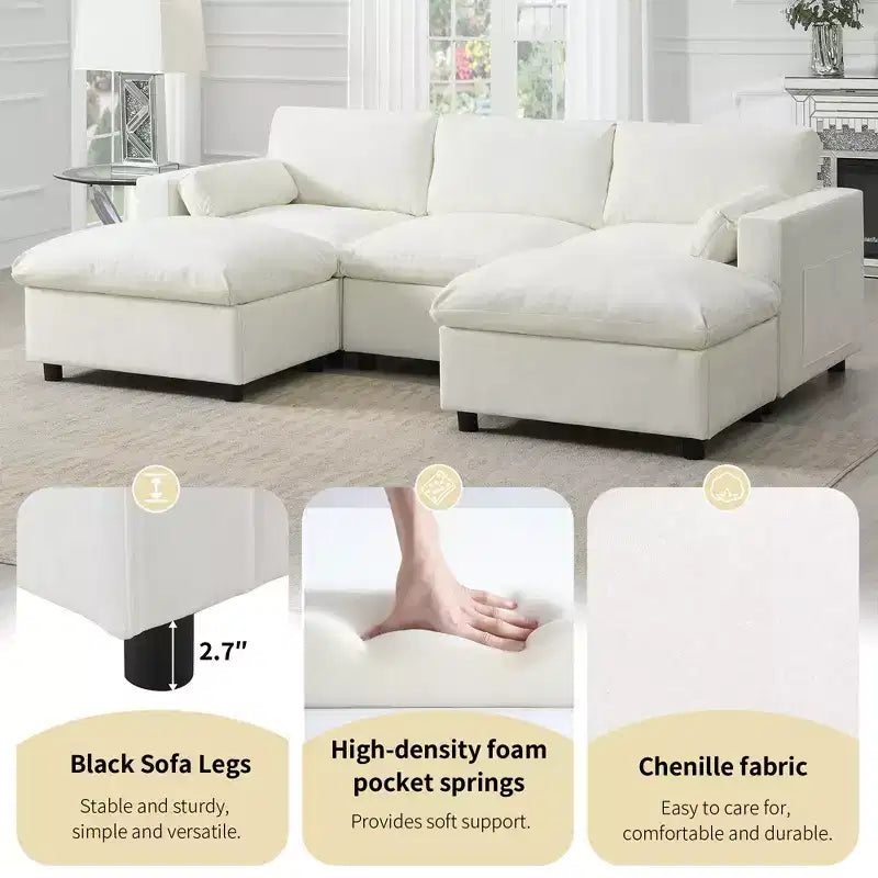 Polibi 5-Seat Modular Chenille Sectional Sofa with Dual Ottomans