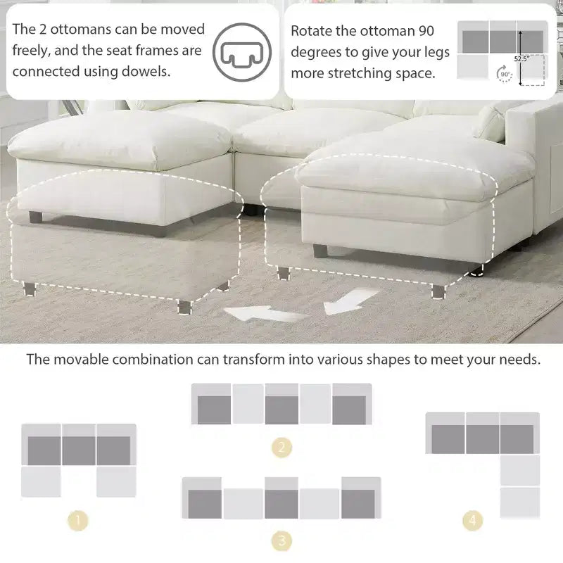 Polibi 5-Seat Modular Chenille Sectional Sofa with Dual Ottomans