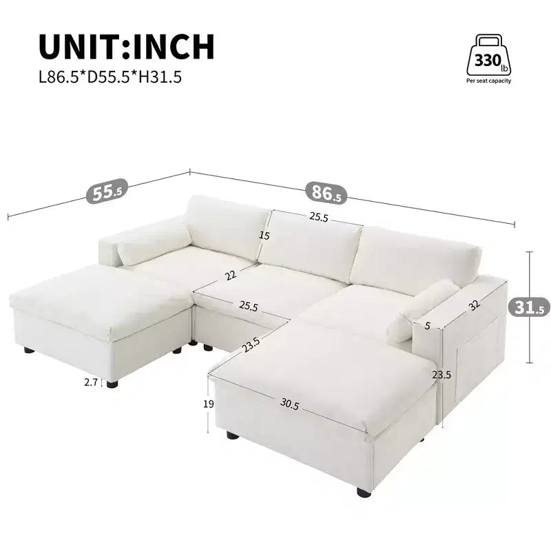 Polibi 5-Seat Modular Chenille Sectional Sofa with Dual Ottomans