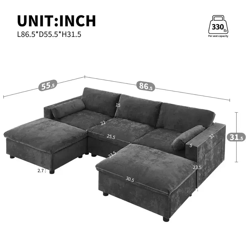 Polibi 5-Seat Modular Chenille Sectional Sofa with Dual Ottomans