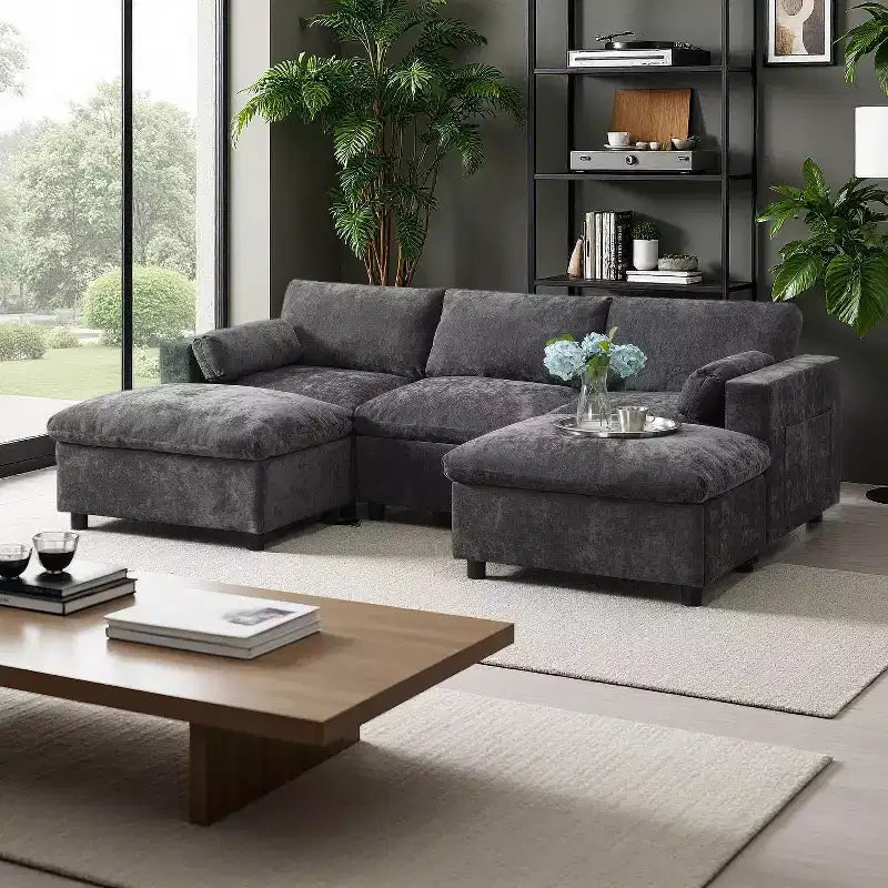 Polibi 5-Seat Modular Chenille Sectional Sofa with Dual Ottomans