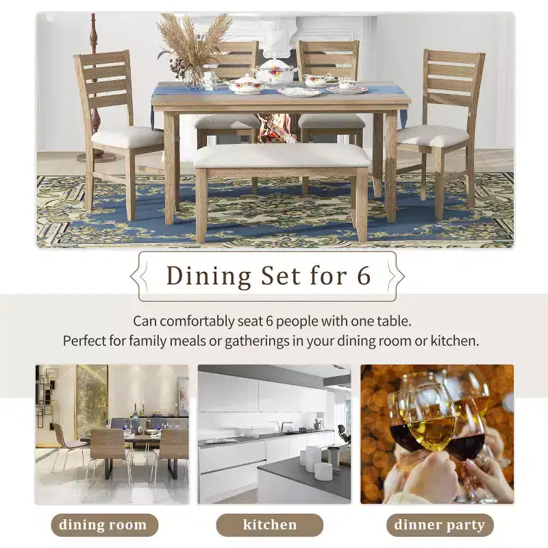 GDFStudio Mark 6 Piece Solid Wood Dining Set with Table and Chairs