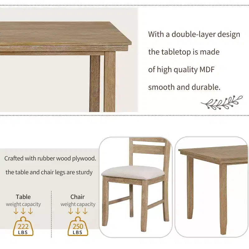GDFStudio Mark 6 Piece Solid Wood Dining Set with Table and Chairs