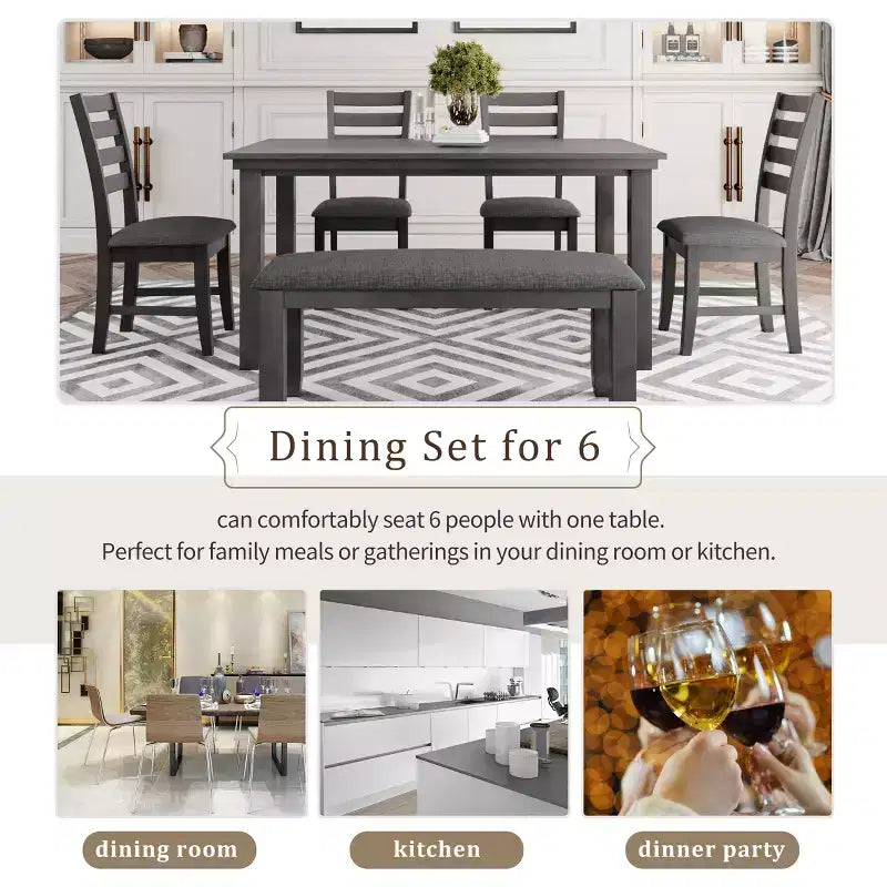GDFStudio Mark 6 Piece Solid Wood Dining Set with Table and Chairs