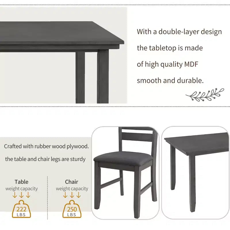 GDFStudio Mark 6 Piece Solid Wood Dining Set with Table and Chairs