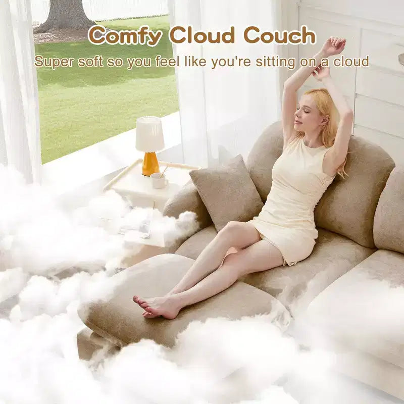 3-Seater Beige Modular Chenille Fabric Sectional U Shaped Couch With 2 Ottomans and 2 Throw Pillows for Living room