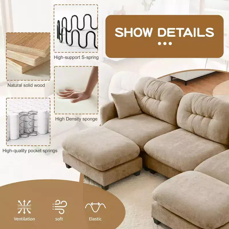 3-Seater Beige Modular Chenille Fabric Sectional U Shaped Couch With 2 Ottomans and 2 Throw Pillows for Living room