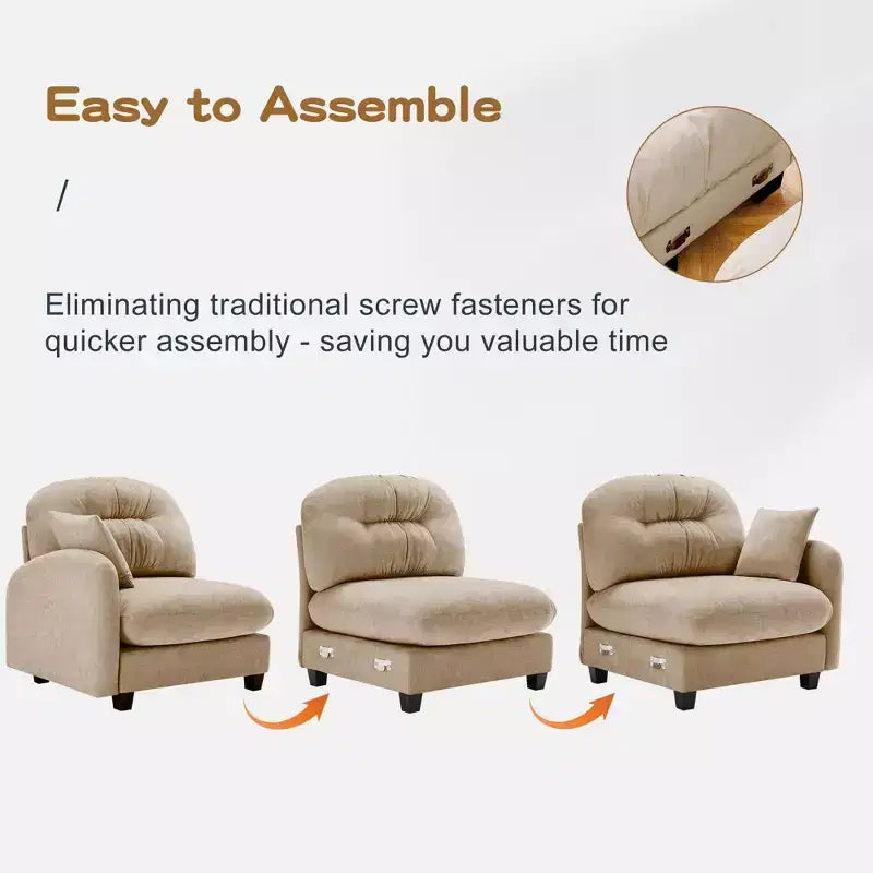 3-Seater Beige Modular Chenille Fabric Sectional U Shaped Couch With 2 Ottomans and 2 Throw Pillows for Living room