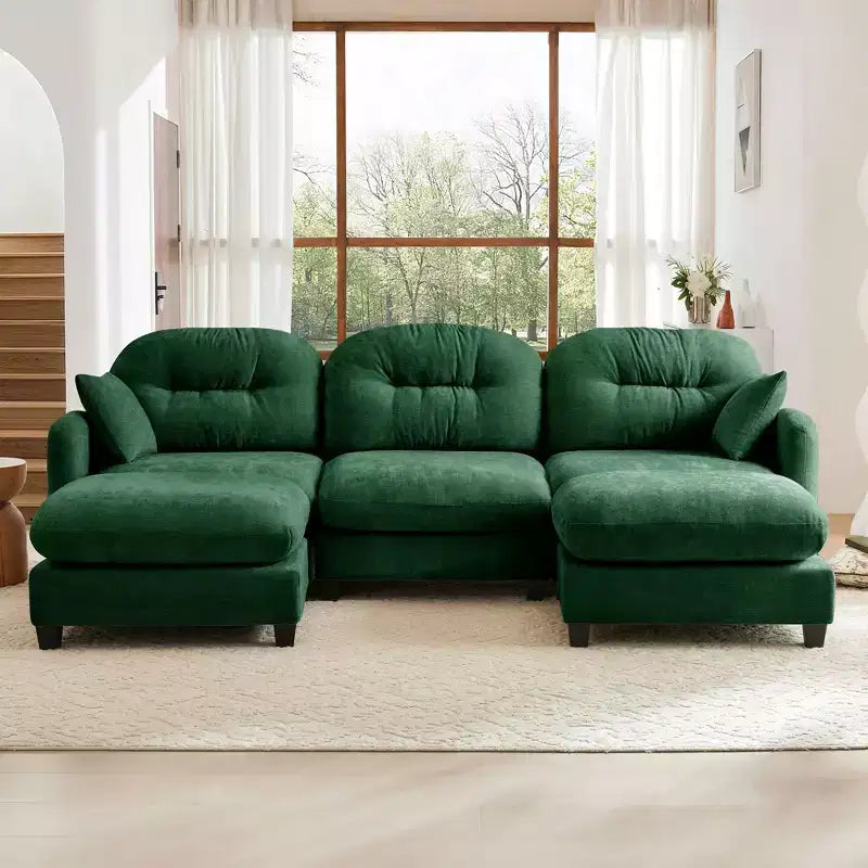 3-Seater Beige Modular Chenille Fabric Sectional U Shaped Couch With 2 Ottomans and 2 Throw Pillows for Living room