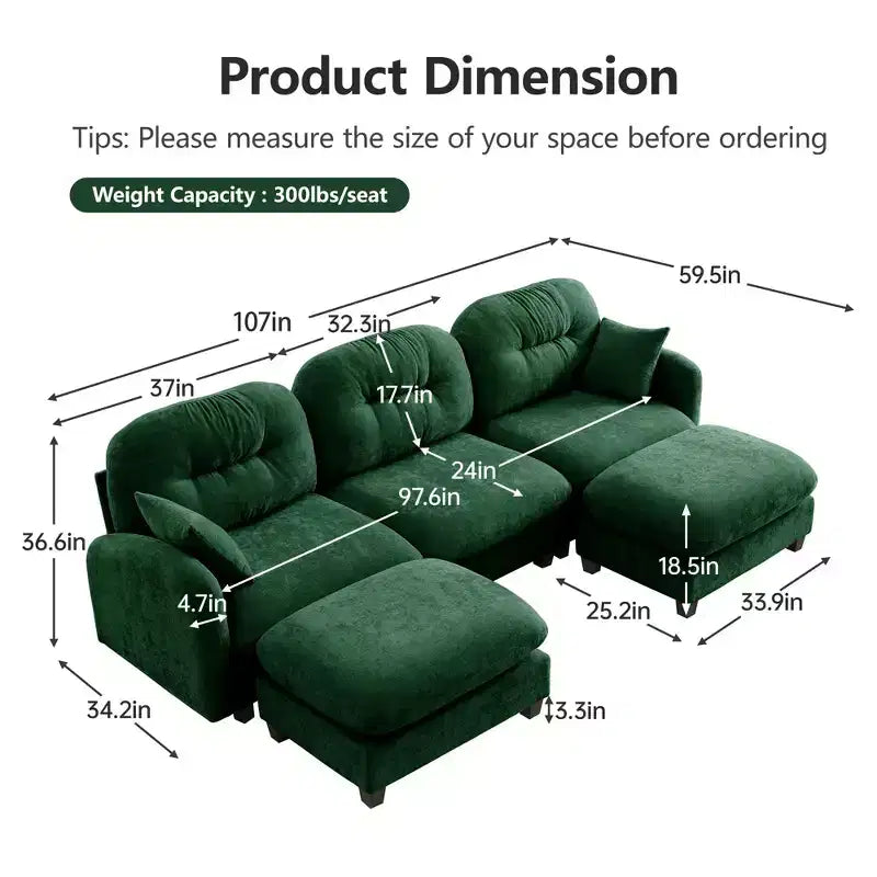 3-Seater Beige Modular Chenille Fabric Sectional U Shaped Couch With 2 Ottomans and 2 Throw Pillows for Living room