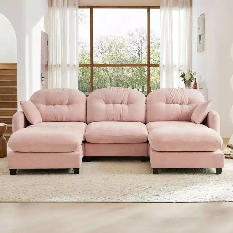 3-Seater Beige Modular Chenille Fabric Sectional U Shaped Couch With 2 Ottomans and 2 Throw Pillows for Living room