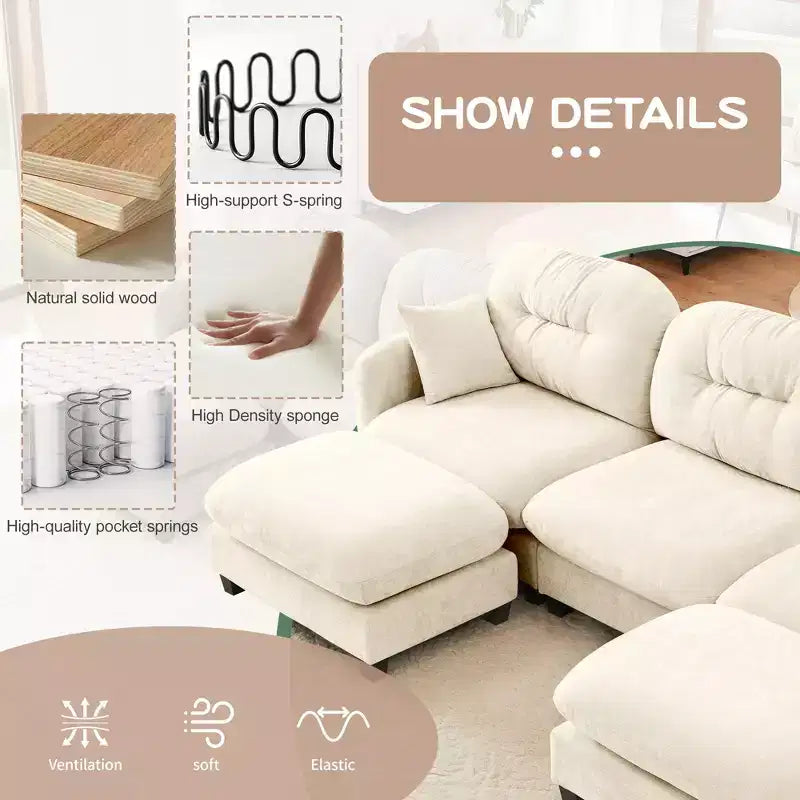 3-Seater Beige Modular Chenille Fabric Sectional U Shaped Couch With 2 Ottomans and 2 Throw Pillows for Living room