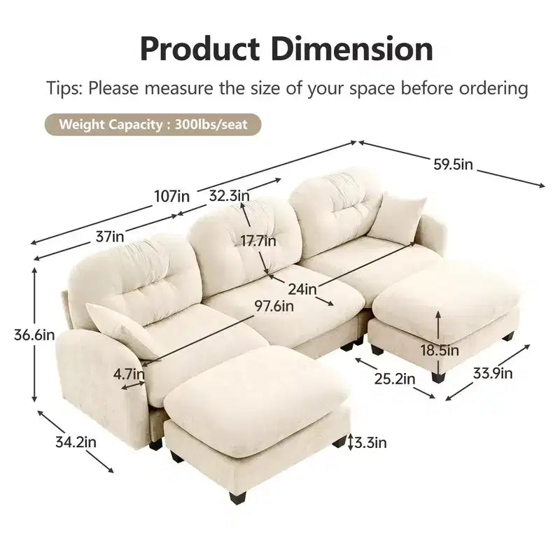 3-Seater Beige Modular Chenille Fabric Sectional U Shaped Couch With 2 Ottomans and 2 Throw Pillows for Living room